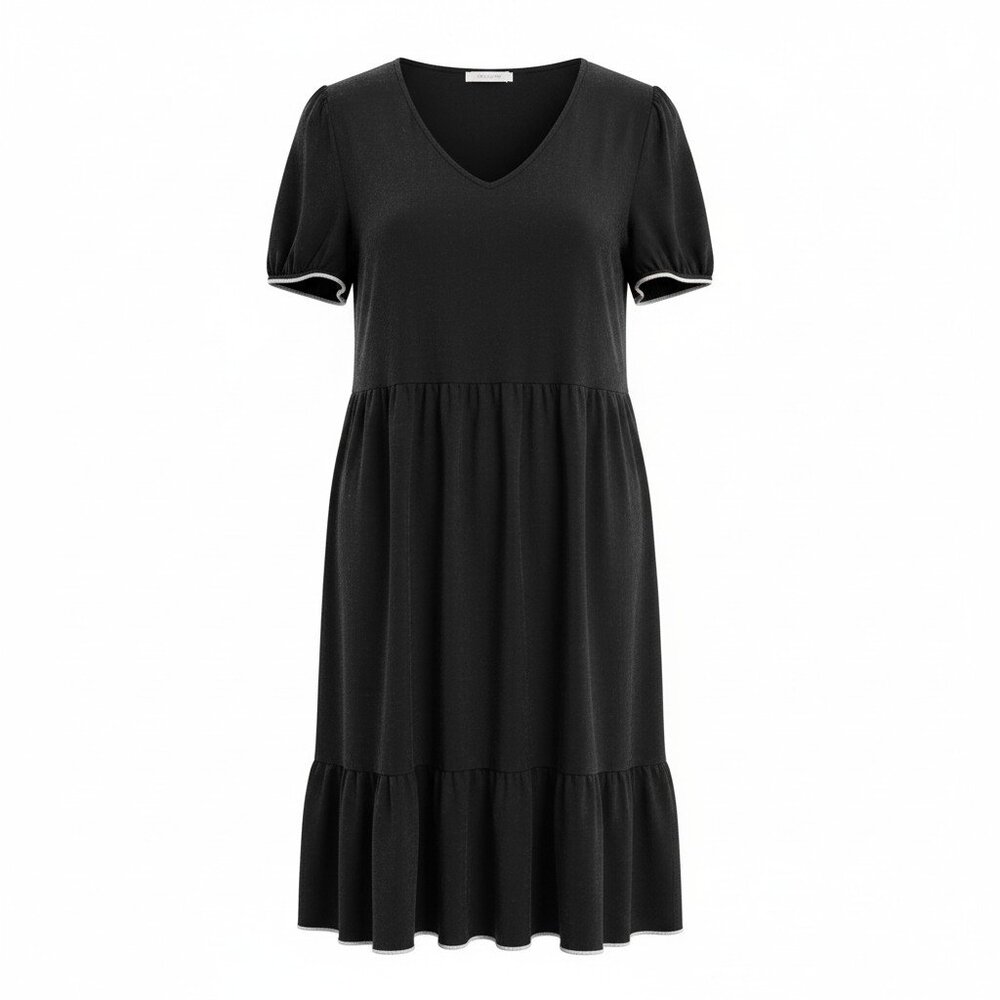 Nicole Miller Black Tiered Midi Dress 1X Puff Sleeve Minimalist Plus Size Boho